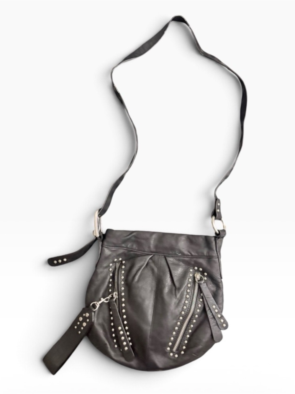 B.Makowsky Black GENUINE LEATHER STUDDED ZIP POCKET CROSSBODY SHOULDER BAG PURSE